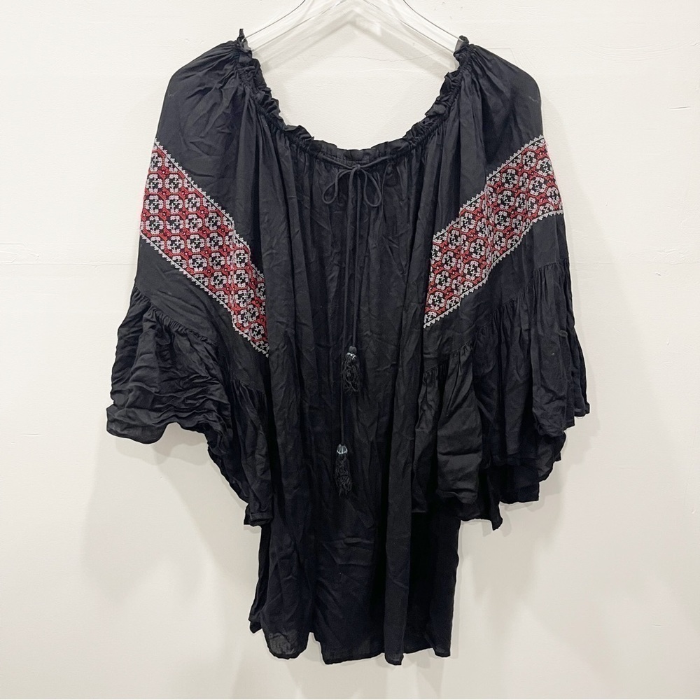 Elan Ruffle Sleeve Tassel Drawstring Swim Coverup Dress Black One Size